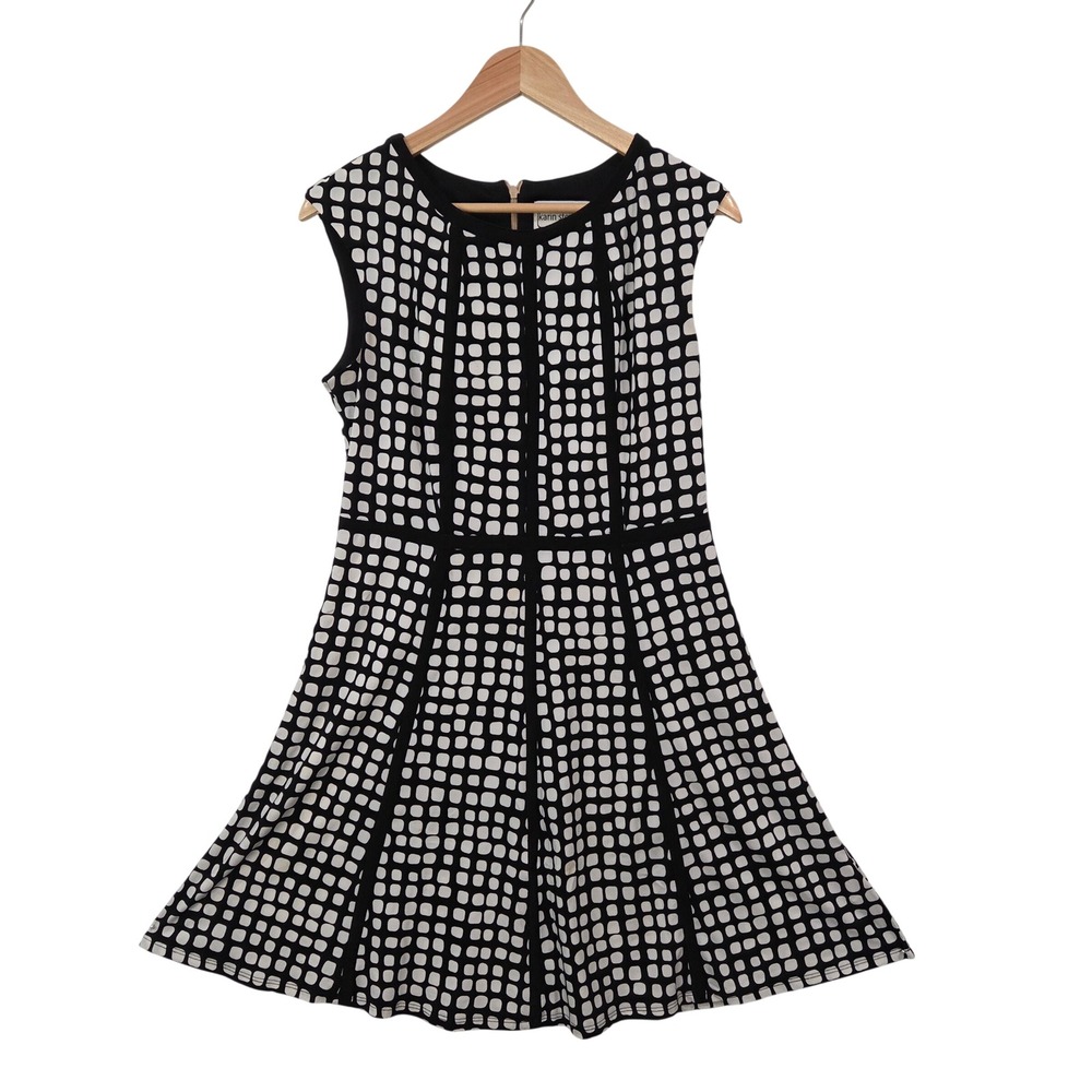 Karin Stevens Womens Black White Dress 8‎ Geometric Fit & Flare Mod Career Retro